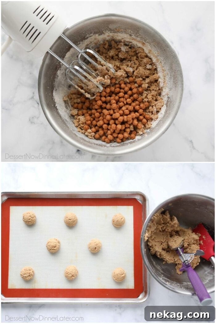 Caramel Apple Cider Cookies Recipe for Cozy Fall Baking 7 Adding caramel bits to apple cider cookie dough and scooping onto a tray.