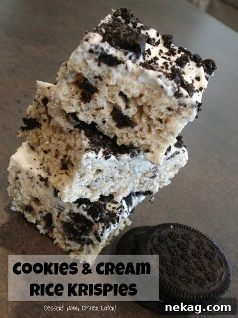 Oreo Rice Krispie Treats Recipe: Chewy Chocolate Marshmallow Squares 12 Stack of cookies and cream rice krispies.