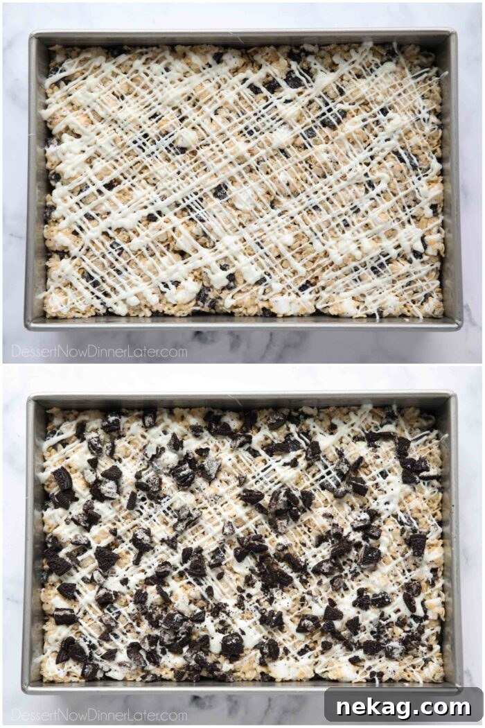Oreo Rice Krispie Treats Recipe: Chewy Chocolate Marshmallow Squares 8 White chocolate drizzle and Oreo pieces layered on top of the rice krispie treats.