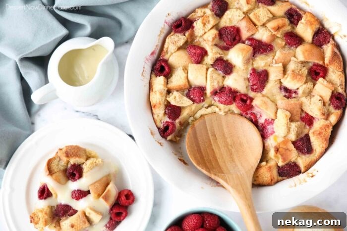 Creamy Raspberry Bread Pudding Recipe with Vanilla Sauce 12 Baked french toast casserole with raspberries.