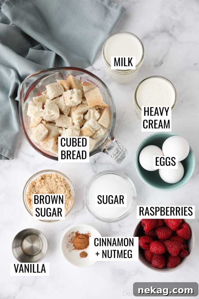 Creamy Raspberry Bread Pudding Recipe with Vanilla Sauce 6 Labeled ingredients for Raspberry Bread Pudding.