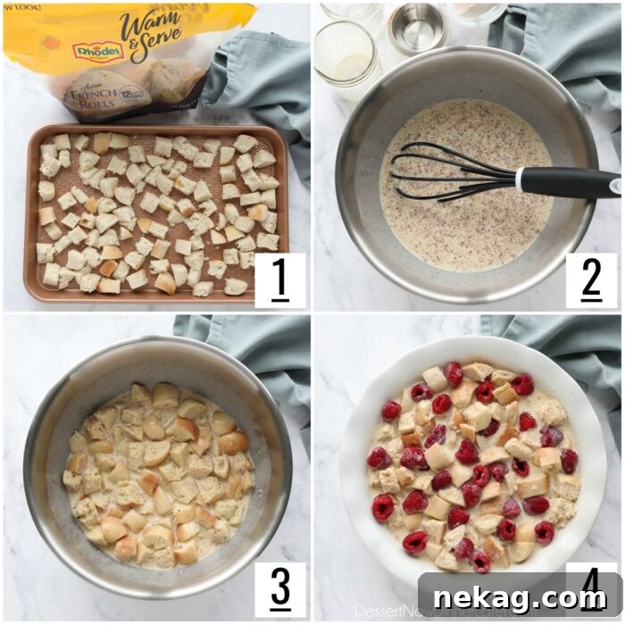 Creamy Raspberry Bread Pudding Recipe with Vanilla Sauce 7 Four image collage of steps to make raspberry bread pudding.