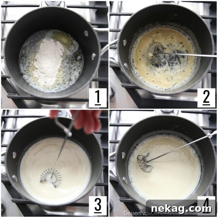Creamy Raspberry Bread Pudding Recipe with Vanilla Sauce 10 Four image collage of steps to make vanilla cream sauce.