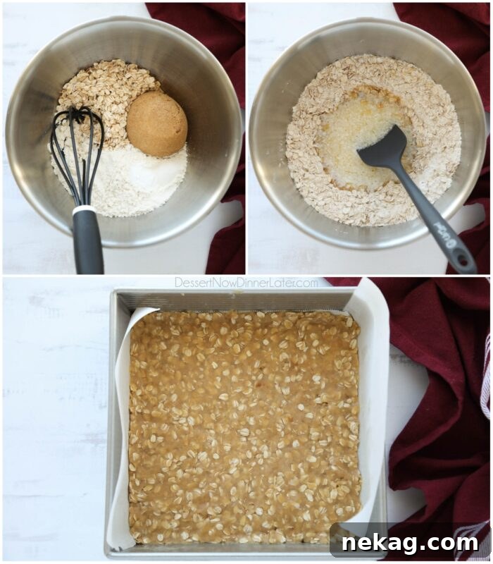 Steps to make the oatmeal cookie crust and crumb topping.