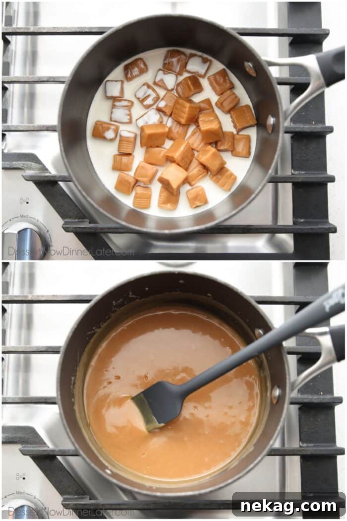 Melting caramels and cream together in a pan on the stove.