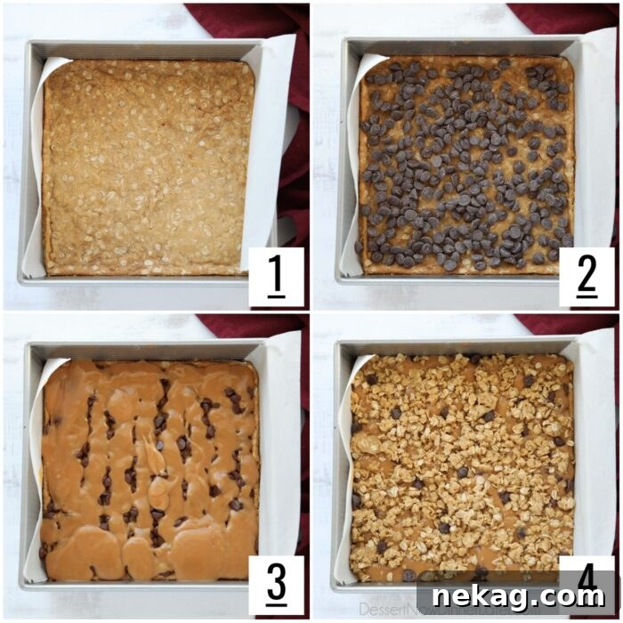 Layering the Caramelitas with chocolate chips, caramel, and crumb topping over an oatmeal cookie crust.