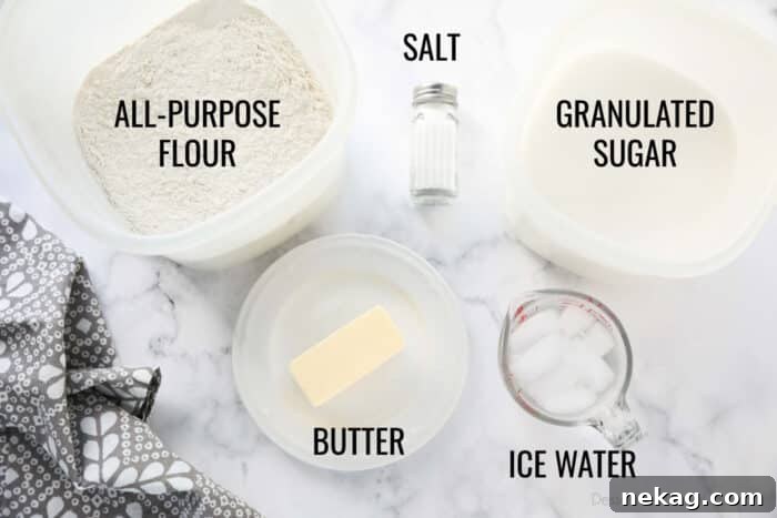 Flaky All-Butter Pie Crust Recipe for Perfect Pastry 7 All Butter Pie Crust Ingredients: Flour, salt, sugar, butter, ice water.