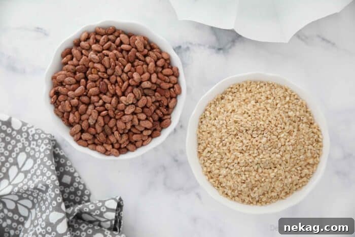 A bowl of dry beans and a bowl of dry rice that can be used for pie weights.