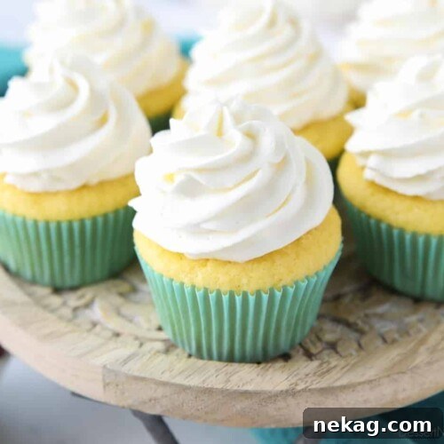 Zoomed in on cupcakes with whipped cream frosting piped high.