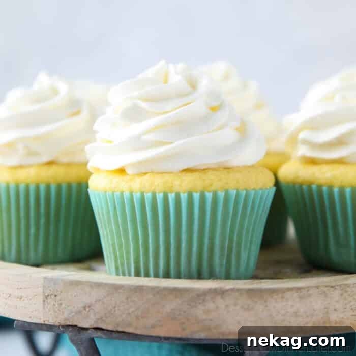 Close up of stabilized whipped cream frosting on top of a cupcake.