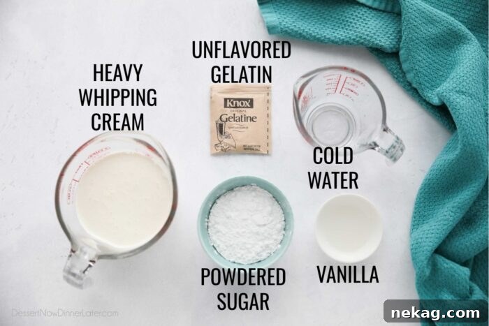 Ingredients for stabilized whipped cream: Unflavored gelatin, cold water, heavy whipping cream, powdered sugar, and vanilla.