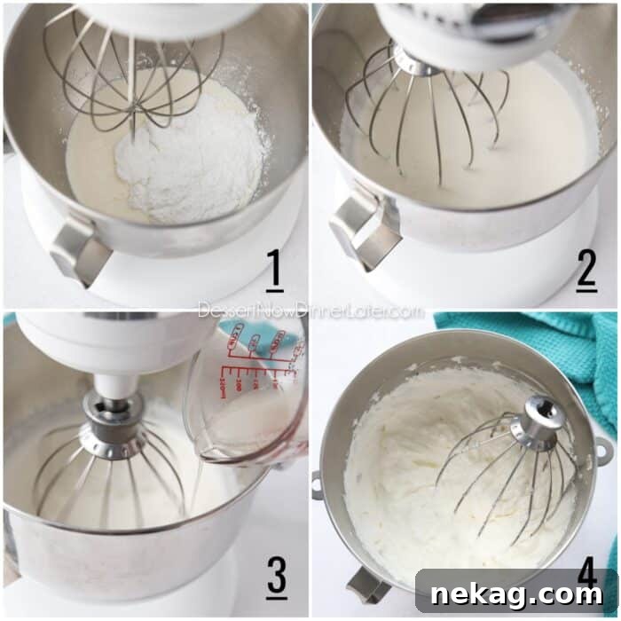 Steps for making stabilized whipped cream. Place cream, powdered sugar, and vanilla in bowl; whip to near soft peaks; add melted gelatin; whip to stiff peaks.