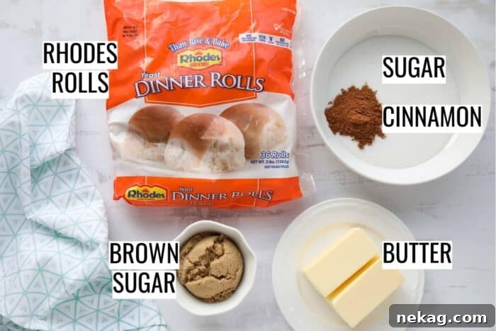 Soft Pull-Apart Monkey Bread Recipe with Video Tutorial 5 Ingredients for easy monkey bread: Rhodes rolls, sugar, cinnamon, brown sugar, and butter.