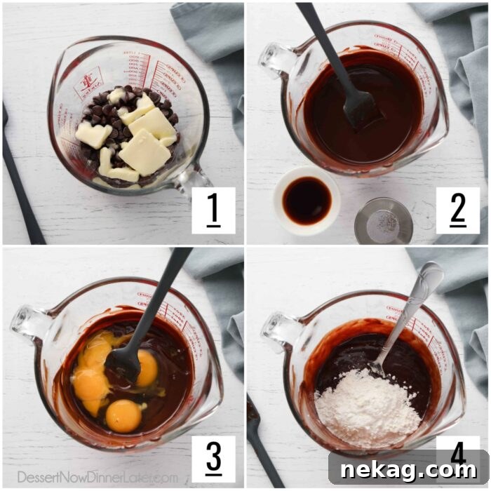 Molten Chocolate Lava Cake Recipe with Step-by-Step Video 6 Making chocolate lava cakes. Melt chocolate chips and butter in 30-second increments until smooth, then add vanilla and salt, mix in eggs and yolks, and fold in flour.