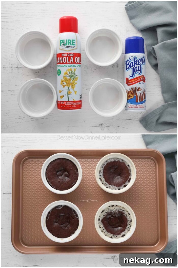 Molten Chocolate Lava Cake Recipe with Step-by-Step Video 8 Greasing the ramekins with cooking spray vs baking spray.