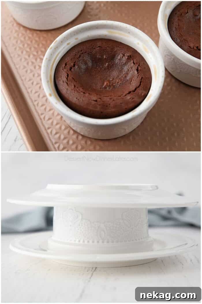 Molten Chocolate Lava Cake Recipe with Step-by-Step Video 9 Inverting chocolate lava cakes onto a plate.