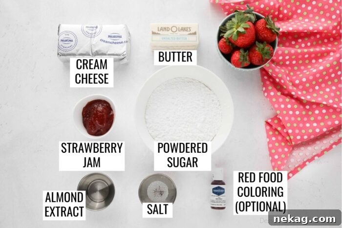 Strawberry Cream Cheese Frosting Ingredients: cream cheese, butter, strawberry jam, powdered sugar, almond extract, salt, and red food coloring (optional).