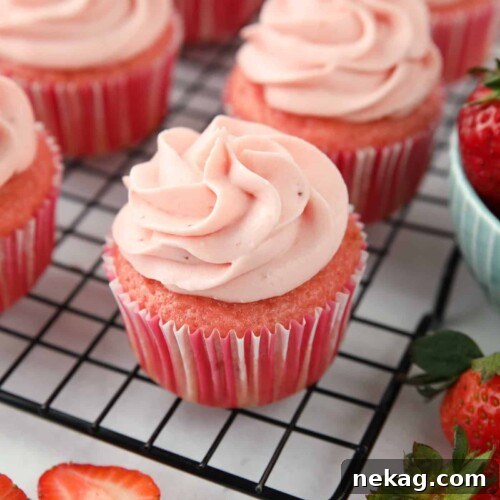 Strawberry Cupcakes Recipe with Step-by-Step Video Tutorial 12 Frosted strawberry cupcakes on a wire cooling rack.