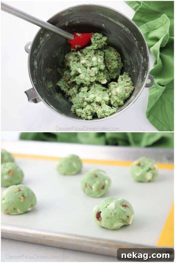 Collage. Top: Prepared cookie dough in a mixing bowl. Bottom: Pistachio cookie dough balls on a baking sheet.