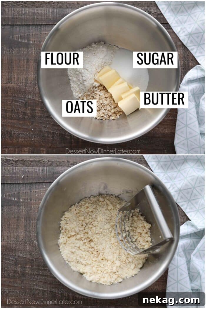 Collage image for streusel topping. Top: Ingredients in bowl: flour, sugar, oats, and butter. Bottom: Ingredients mixed into a crumble.
