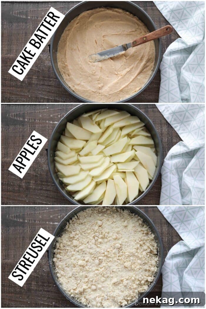 Layering the Irish apple cake into a 9-inch springform pan. First the cake batter, then a layer of apples, and then the streusel sprinkled on top.