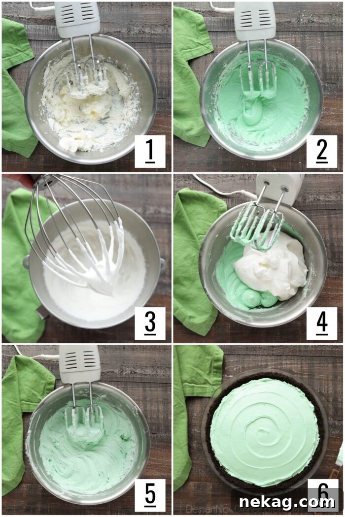 Grasshopper Pie Recipe with Step-by-Step Video Tutorial 7 Steps for grasshopper pie filling. 1- Cream cheese beaten in a bowl with an electric hand mixer. 2- Mixture after powdered sugar, salt, mint extract and green food coloring has been added. 3- Heavy cream whipped to stiff peaks. 4- Cream cheese and whipped cream added to same bowl. 5- Filling mixed completely. 6- Filling spread into Oreo pie crust.