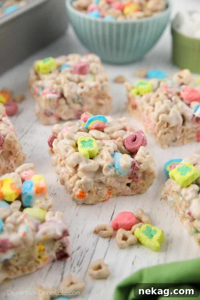 How to Make Irresistible Lucky Charms Treats at Home 4 Close-up side view of lucky charms marshmallow treats.