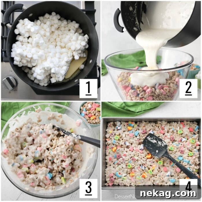How to Make Irresistible Lucky Charms Treats at Home 6 Steps to make lucky charms treats. 1- Melt butter and marshmallows together. 2- Pour over cereal. 3- Mix. 4- Spread in pan.