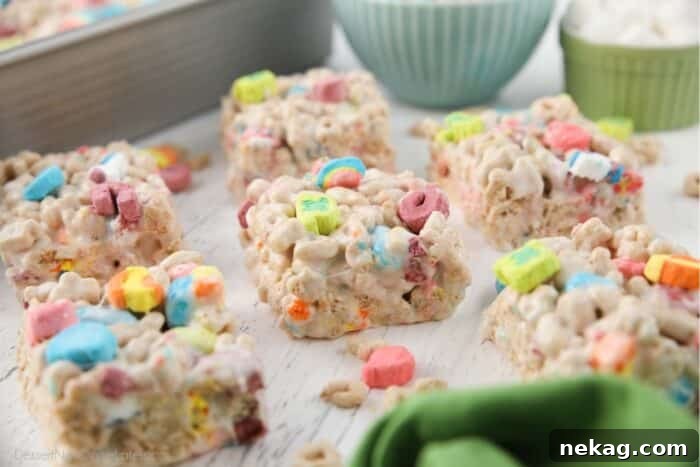 How to Make Irresistible Lucky Charms Treats at Home 8 Close-up side view of lucky charms rice krispie treats.
