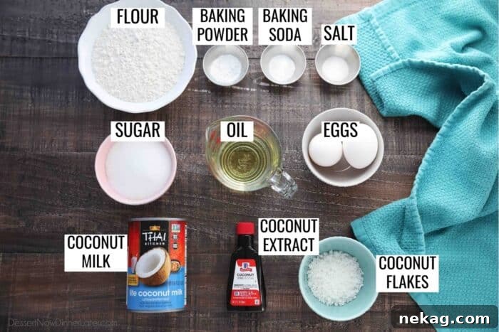 Moist Coconut Cupcakes with Creamy Coconut Frosting 5 Ingredients for Coconut Cupcakes: all-purpose flour, baking powder, baking soda, salt, granulated sugar, canola oil, eggs, coconut milk, coconut extract, and coconut flakes.