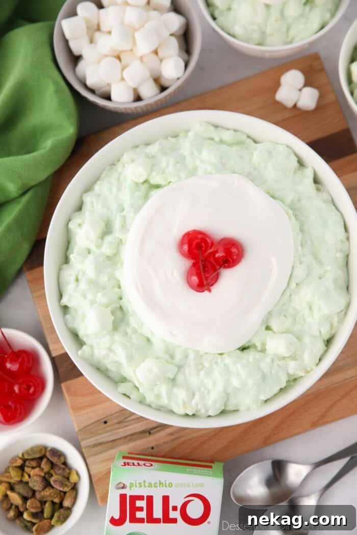 Top view of watergate salad in a serving bowl.