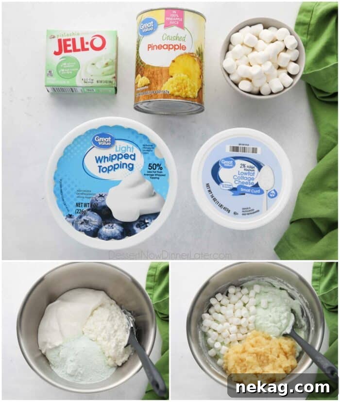 Three image collage. 1- Ingredients. 2- Mixing the whipped topping, cottage cheese, and pistachio pudding mix together. 3- Adding the mini marshmallows and crushed pineapple.