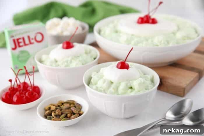 Bowls of pistachio salad made with jello pudding.