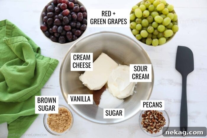 Creamy Grape Salad Recipe with Crunchy Pecans and Sweet Dressing 5 Labeled ingredients for Grape Salad.