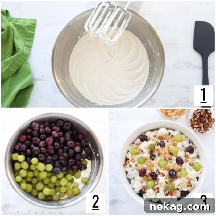 Creamy Grape Salad Recipe with Crunchy Pecans and Sweet Dressing 6 Three image collage to make grape salad. Beat cream cheese mixture. Add grapes. Stir and top with brown sugar and pecans.