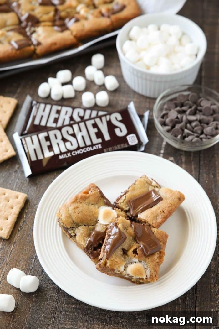 Graham crackers, mini marshmallows, and Hershey's chocolate bars transform these cookie bars into a s'mores treat.
