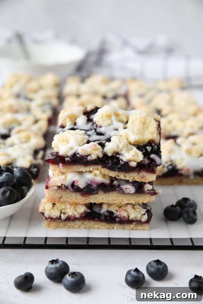 Blueberry Pie Bars Recipe — Rustic Layered Blueberry Dessert 2 Blueberry pie bars stacked on top of each other.