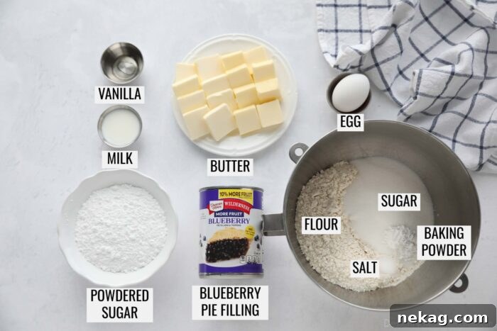 Blueberry Pie Bars Recipe — Rustic Layered Blueberry Dessert 6 Labeled ingredients for Blueberry Pie Bars.