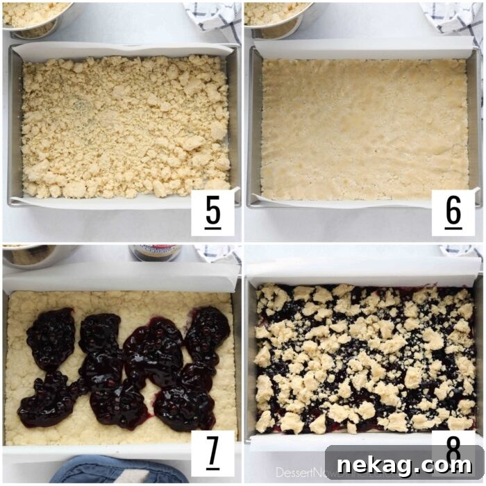 Blueberry Pie Bars Recipe — Rustic Layered Blueberry Dessert 8 Four image collage of steps to assemble the blueberry pie bars.