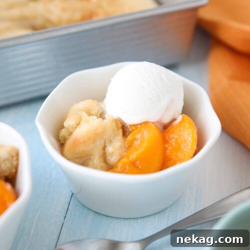 Peach Cobbler with cake batter crust on top and a scoop of vanilla ice cream.