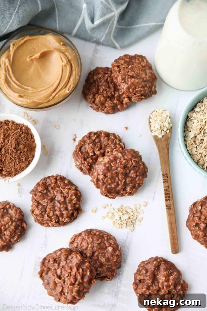 Classic peanut butter chocolate no bake cookies with oats.