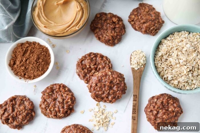 Easy no bake cookies with peanut butter, cocoa powder, and oats.