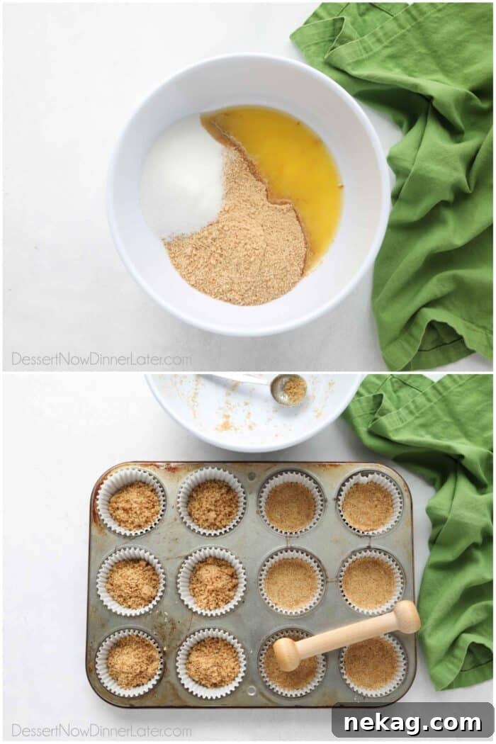 Collage image of steps to make graham cracker crust.