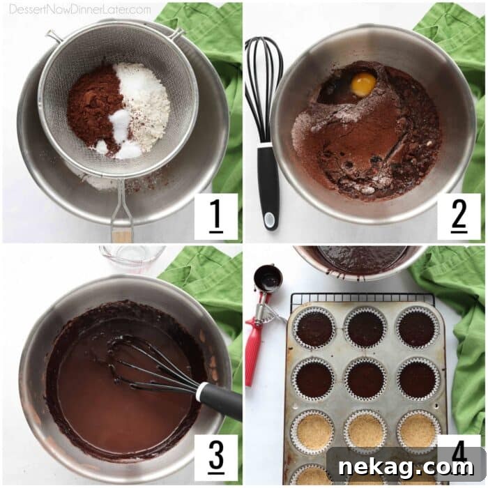 Collage image of steps to make chocolate cupcakes.