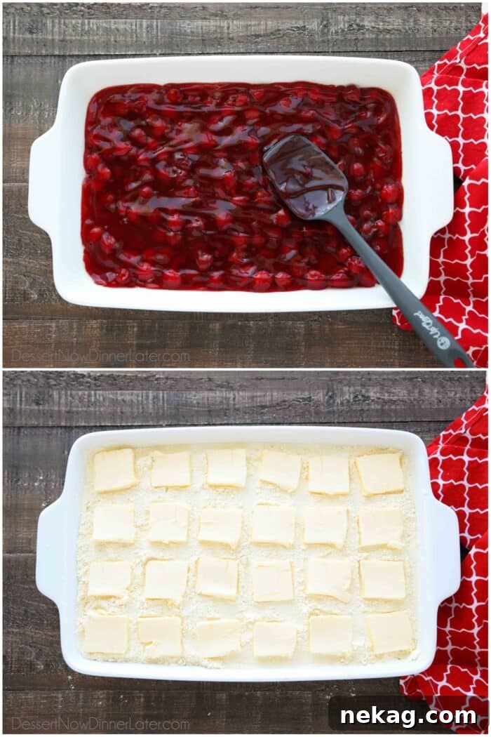 Classic Cherry Dump Cake Recipe for Quick Summer Desserts 6 Two image collage. Top: Cherry pie filling in 13x9-inch pan. Bottom: Yellow cake mix topped with slices of butter.