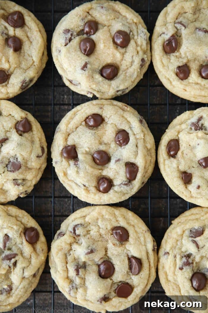 Baked chocolate chip cookies on wire cooling rack.