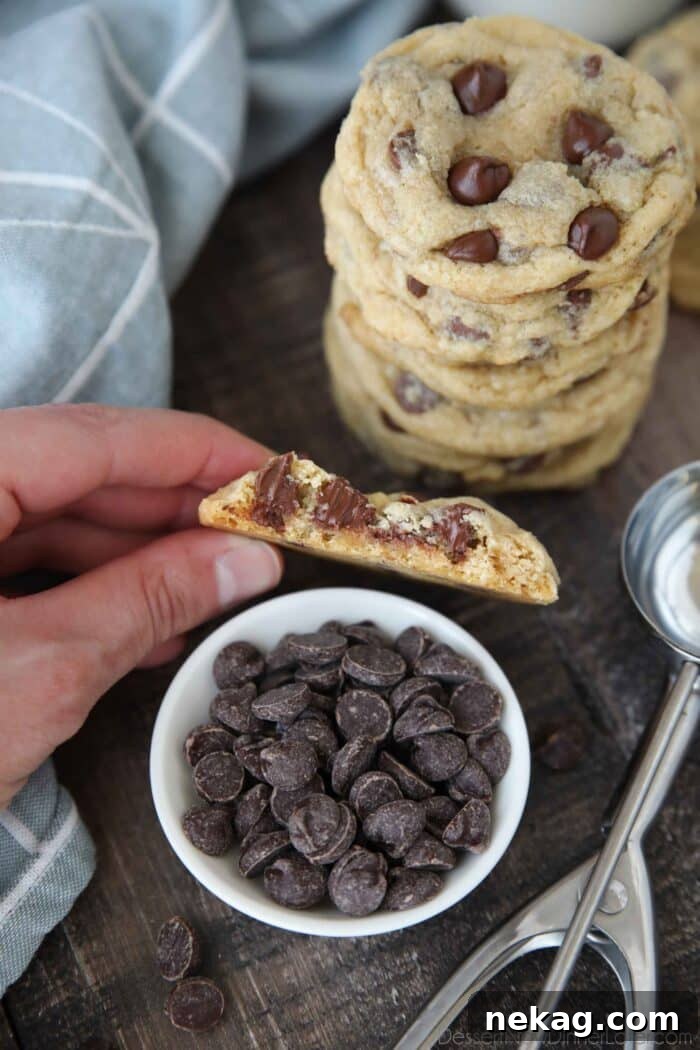 Cookie with a bite taken out showing melted chocolate chips inside.