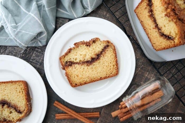 Ultimate Cinnamon Quick Bread Recipe — Moist & Spiced Loaf 11 Slice of loaf cake with a ribbon of cinnamon in the middle.