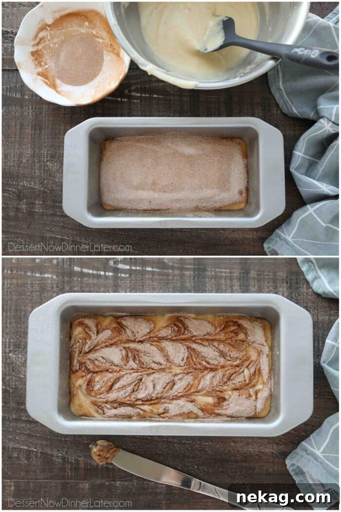 Ultimate Cinnamon Quick Bread Recipe — Moist & Spiced Loaf 9 Cinnamon quick bread being assembled in a loaf pan and swirled on top.
