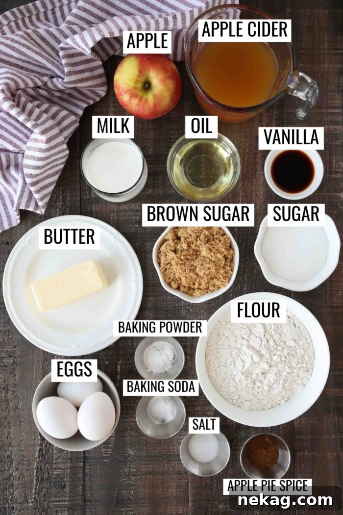 Apple Cider Donut Cake Recipe with How-To Video 5 Labeled ingredients for apple cider donut cake.